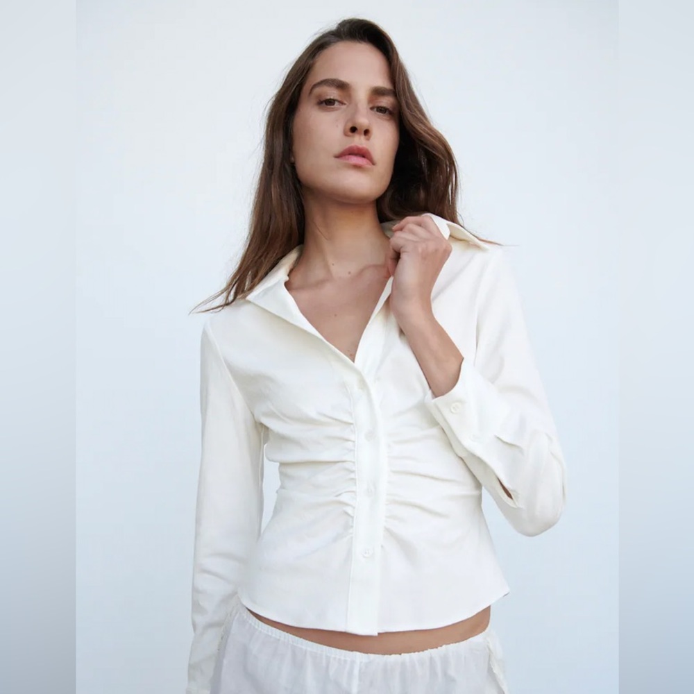 Zara Pleated Tailored Shirt Ecru Size Large